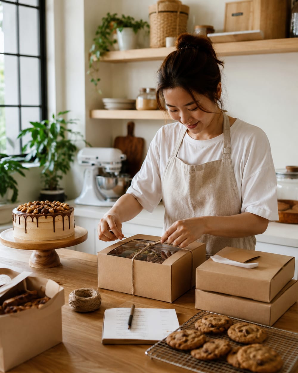 A home kitchen, packing orders
